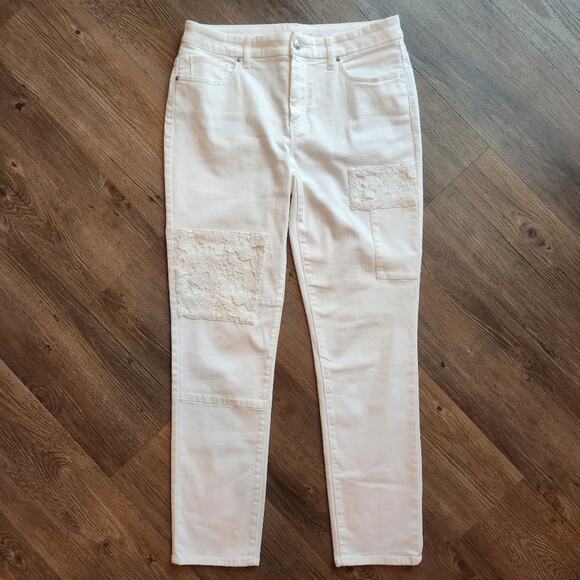 CHICO'S White So Slimming Girlfriend PATCHWORK Ankle Jeans Small - Picture 3 of 10